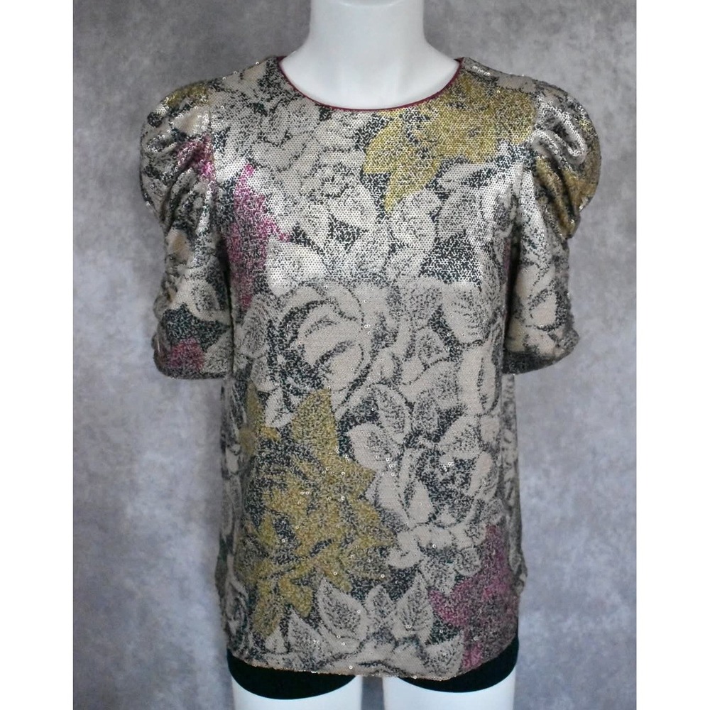 Anthropologie Marie Floral Sequin Blouse Gold Pink Silver Puff Sleeve Top Size 2